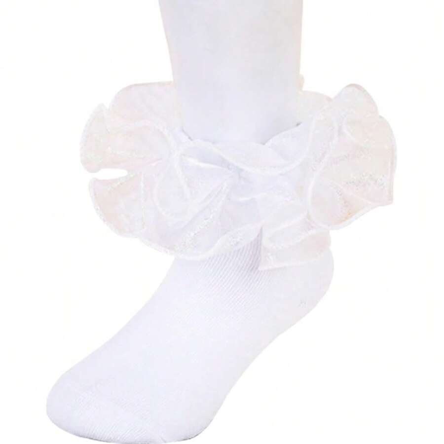 NEW-   Womens Big Ruffle Ankle Double Lace Turn Cuff Dress Socks,Women Cute Adult Cotton Ruffled Frilly Sock,#C907 - White - View 1