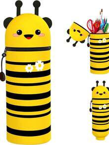 Waterproof Silicone Bee Pattern 2-In-1 Pencil Case, Animal Pattern Pencil Case, Can Be Used To Store Household Items, Pens, Rulers, Cosmetics And More. Ideal Choice For School Supplies, Office Supplies, Learning Supplies And Daily Necessities - Silicone - View 6