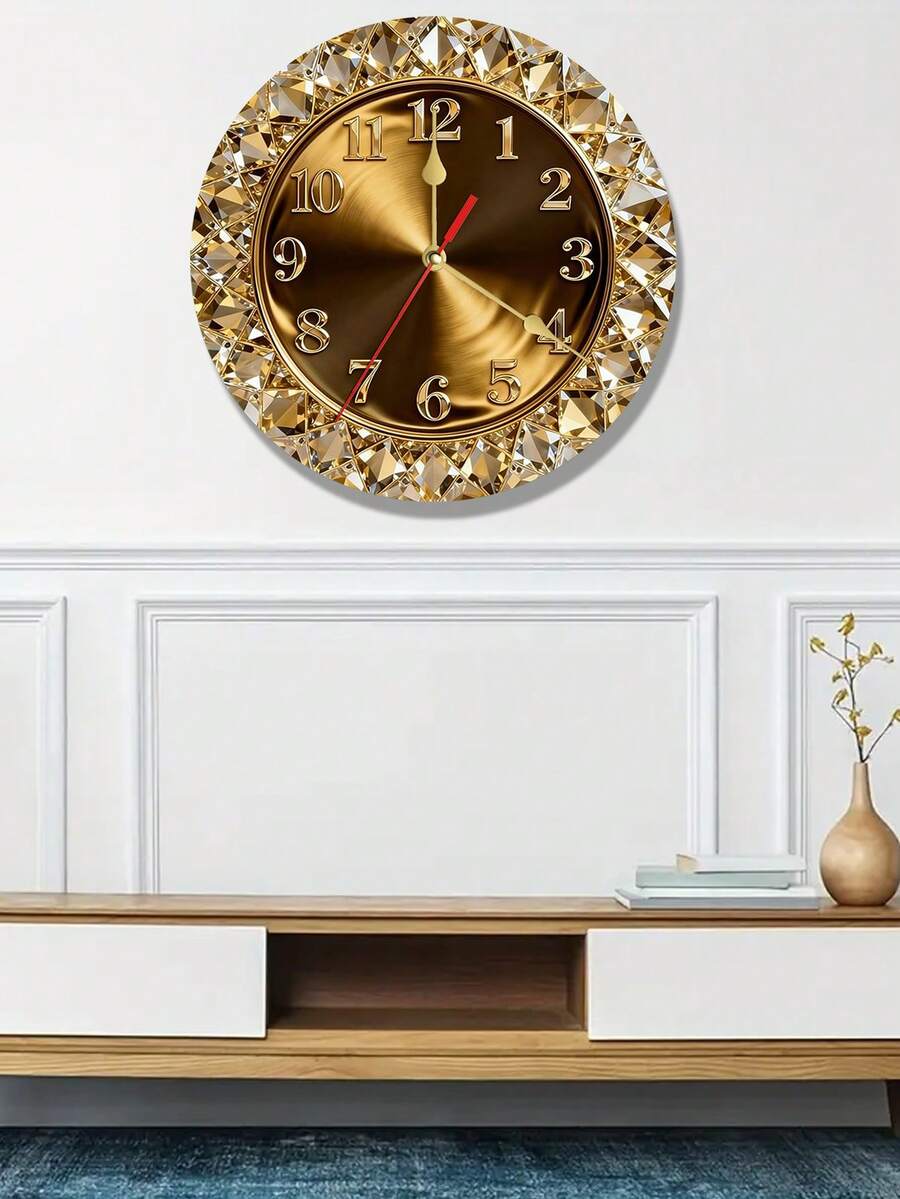 1pc 2D Flat Gold Diamond Theme Wooden Wall Clock | Silent Decorative Clock, Creative Design, Suitable For Bedroom, Living Room, Office, 25/30cm (AA Battery Not Included) - A - View 1