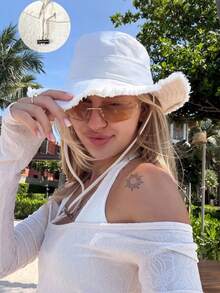 1pc Women's Drawstring Design Bucket Hat, Adjustable Chin Strap, Sun Protection, HyunA Style Tassel Bucket Hat, Suitable For Shopping, Travel, Beach, Vacation, Daily Wear - Multicolor - View 3