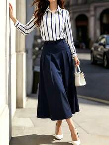 Elegant Vintage Navy Blue 2 Pieces Set, Commuter Elegant Lapel Navy Striped Long Sleeve Shirt And High-Waisted Navy Blue A-Line Pleated Skirt, Elegant Women's 2 Pieces Set, Commuter 2 Pieces Set, Elegant Vacation And Daily Commute Wear - Multicolor - View 3