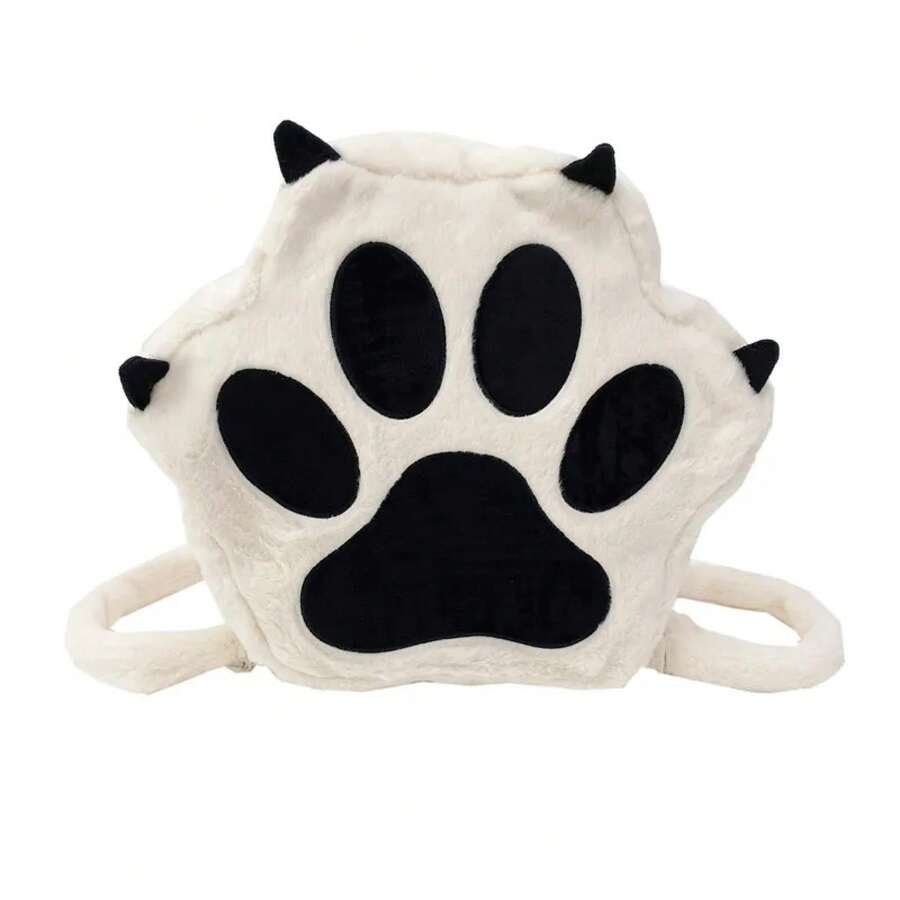 Mochila de Peluche para Niños con Diseño de Patas de Gato y Perro, Linda Mochila Blanca con Correas Ajustables, Bolsa de Peluche Suave, Mochila de Gran Capacidad para Niñas. - Mochila - Ver 1