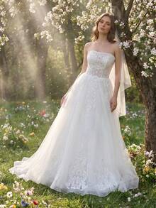 Elasola White Strapless Wedding Dress, Heavy Lace Sequin Mesh Full Skirt, Bridal Main Gown / Reception Dress, Veil Not Included Fall - White - View 3