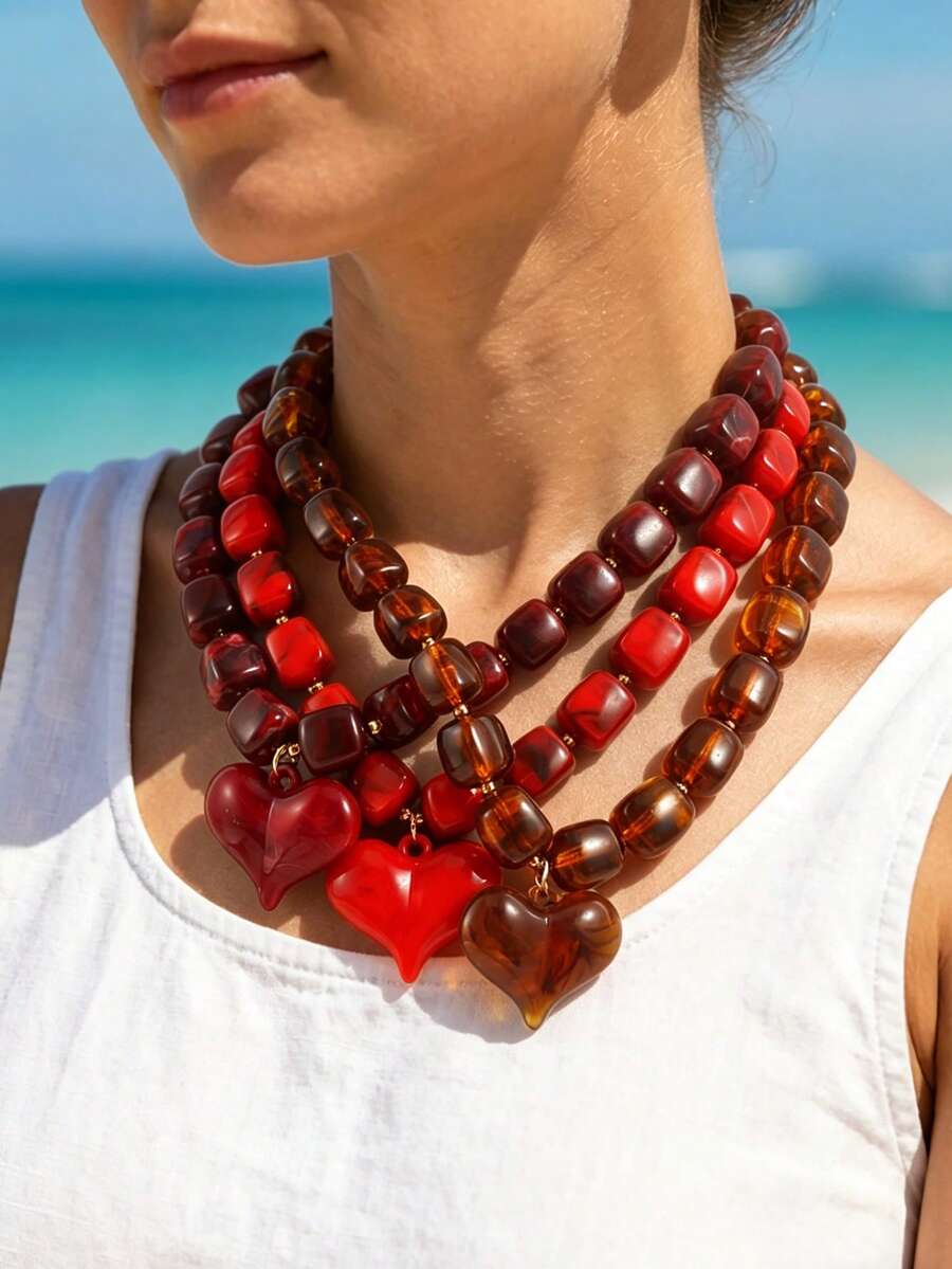 1pc European & American Bohemian Acrylic Geometric Square Multicolor Beaded Necklace With Heart Pendant, Women's Necklace For Summer Beach Vacation - Square Beaded Heart Necklace - View 1