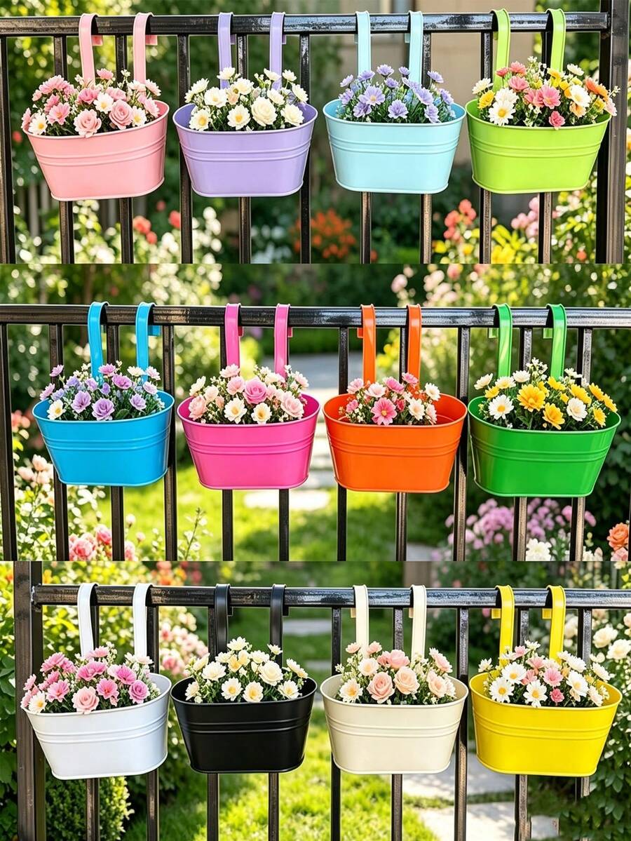 6pcs/1pc Squishy Oval‑Shaped Double‑Hook Flower Pots, Solid‑Color Durable Metal, Casual All‑Season Style For Adult Garden Lovers, Hanging For Balcony Rail And Yard Fence, Detachable Planter Holders, Space‑Saving Outdoor Gardening Containers