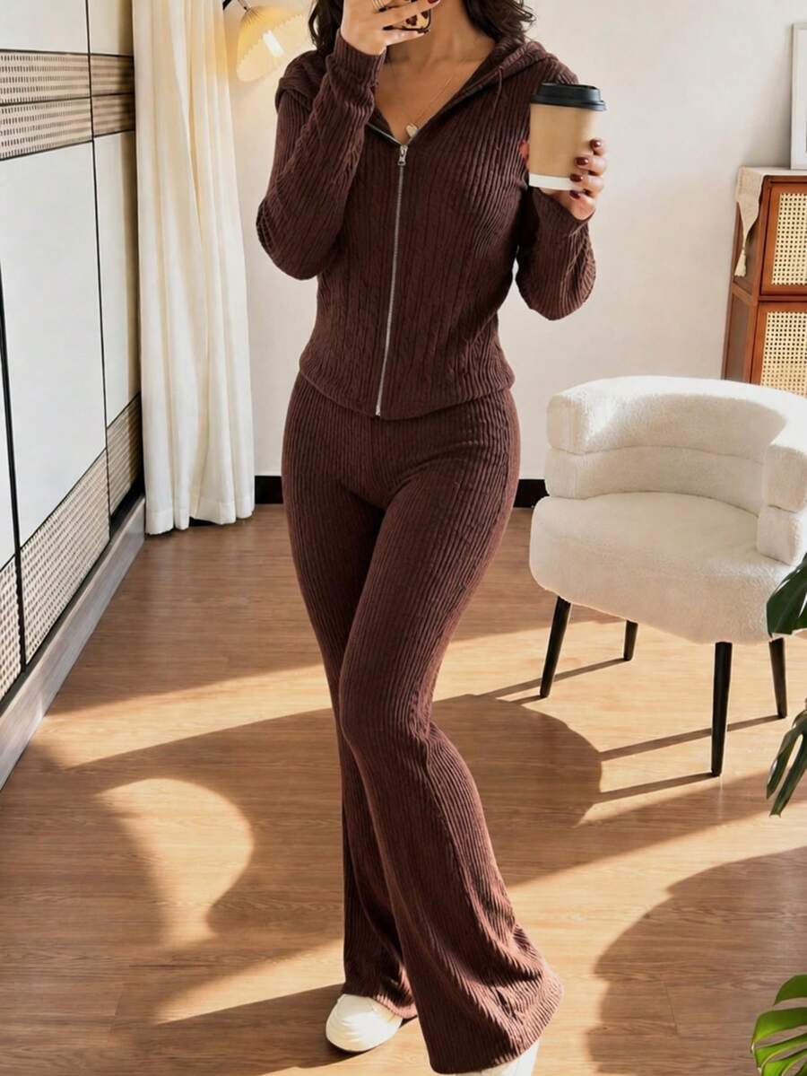 Women Two-Piece Outfits - Coffee Brown - View 1