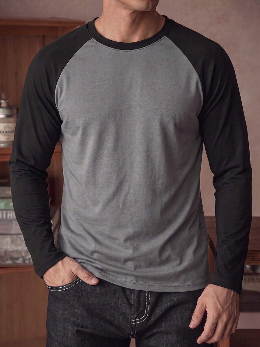 Kaos Pria Lengan Panjang Leher Bulat Lengan Raglan Motif Patchwork, Lapisan Dasar Baru Musim Gugur/Dingin, Atasan Kasual Olahraga Kebugaran dengan Warna Kontras - Dark Grey - View 1