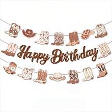 3pcs Brown Western Cowboy Theme Birthday Banner, Paper Glitter Cowboy Boots & Hat Hanging Decoration, Includes Cowboy Boots And Bows, Suitable For Cowboy Theme Birthday Party, Wedding, Holiday Decor, Gender Reveal Party, Party Decoration Supplies - Birthday - View 10