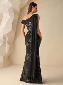 XUCTHHC Elegant One Shoulder Black Flower Sequin Mermaid Formal Evening Gown, For Wedding,Birthday,Prom,Graduation, Festivals, Fall/Winter - Black - View 2
