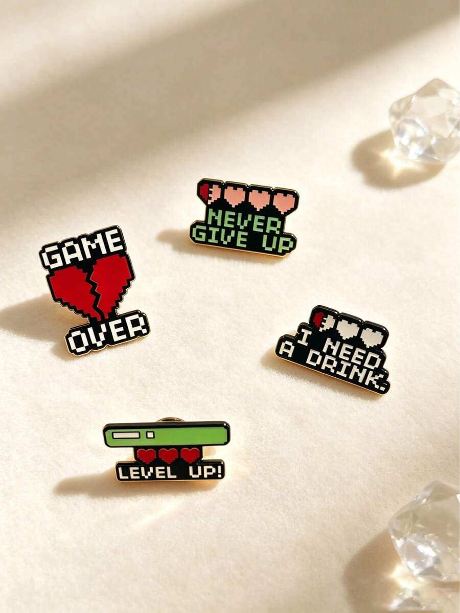 1/4件趣味像素遊戲文字胸針 NEVER GIVE UP 創意徽章 小眾酷配件,遊戲系列胸針 4件組 個性化金屬徽章 趣味金屬徽章 學生背包針飾配件,背包牛仔夾克配件,送給遊戲愛好者朋友的創意禮物 - 彩色 - 查看 1