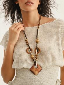 Nocturel 1pc/Set Beaded Rice-Shaped Chain With Square Printed Pendant Fashionable Retro Vacation Style Women's Necklace - Beads - View 3