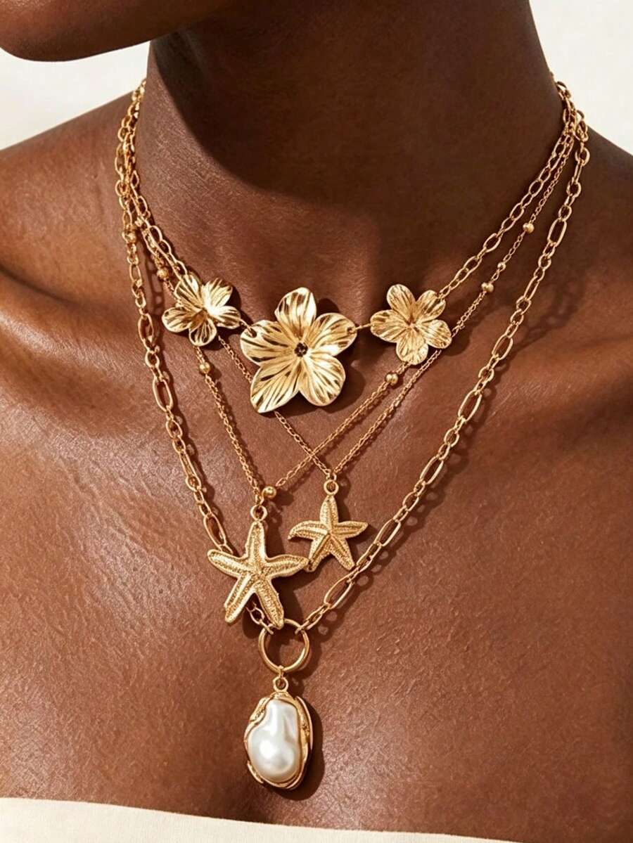 4件裝花朵與海星吊墜項鍊,巴洛克風仿珍珠吊墜項鍊,適合日常配戴 - 金色 - 查看 1