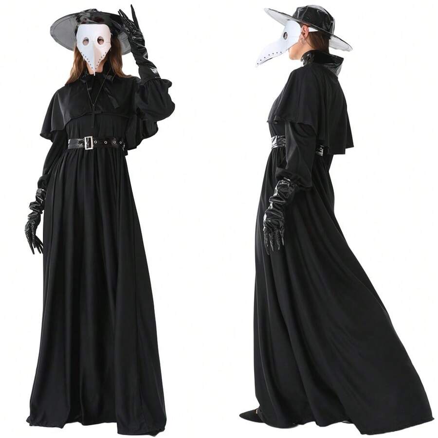 Medieval Hooded Plague Doctor Costume Set With Mask And Hat, Women's Monk Cosplay, Steampunk Priest Horror Wizard Cloak - Multicolor - View 1