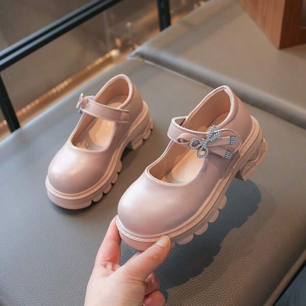 1 Pair New Korean Style Princess Shoes, Magic Tape Design Easy To Put On And Take Off, Daily Casual School Performance, Shiny Bowknot, Versatile Kids Shoes