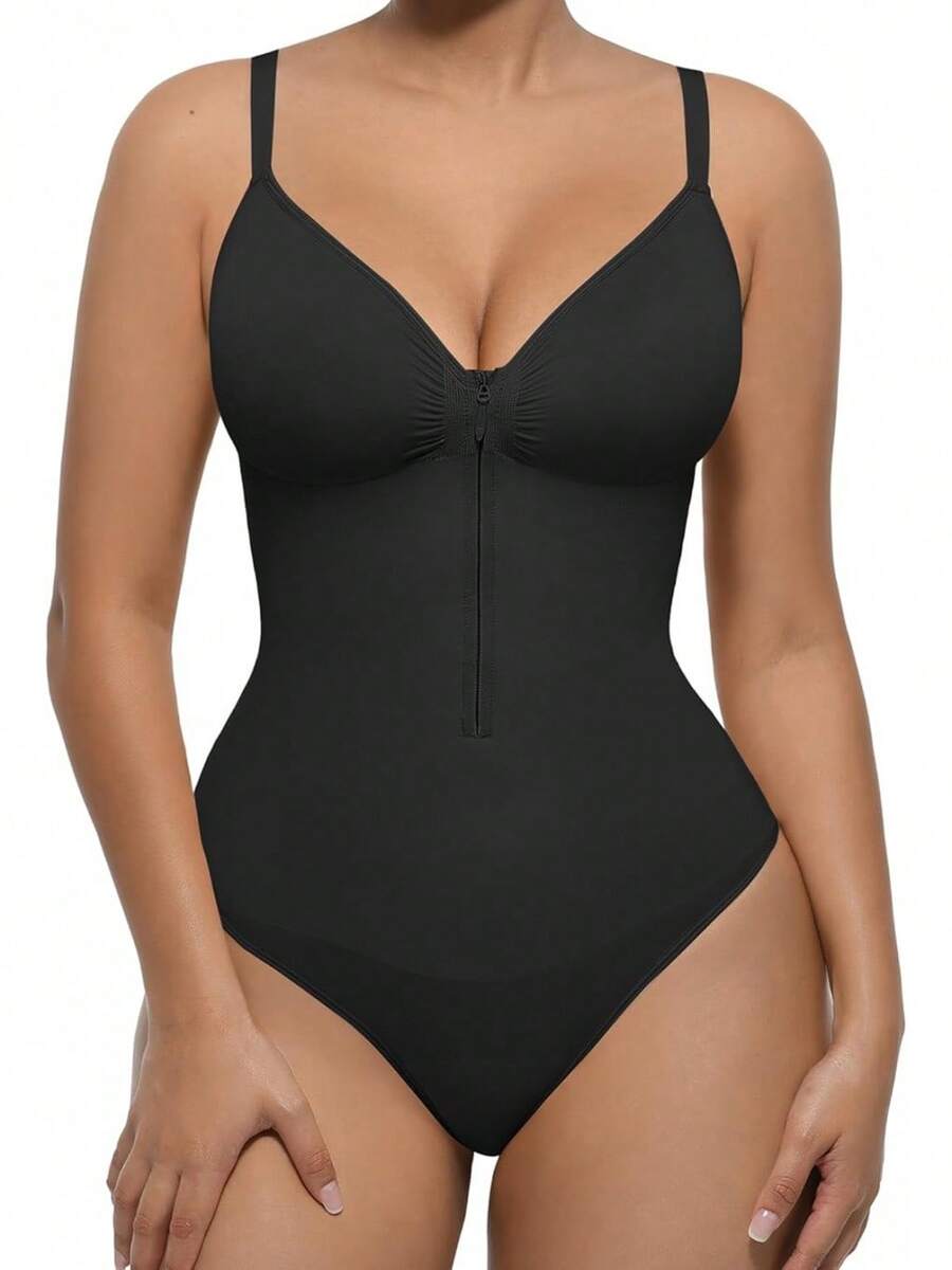 FeelinGirl Shapewear Bodysuit Tummy Control For Women Zip-Up Shapewear Thong Waist V Neck Body Shaper Going Out - Black - View 1