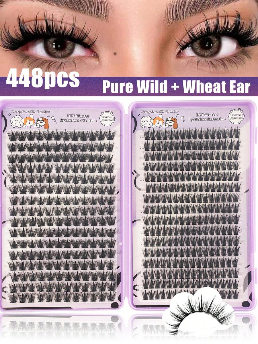 448pcs DIY Eyelash Extension Kit, Wheat & Pure Wild 2 Mixed Styles, Natural Curly Soft False Eyelashes, Suitable For Beginners, Home, Office, Party, Holiday Use - D - View 1