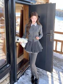 秋冬新款韓系甜美休閒女款針織開襟外套，學院風修身長袖夾克 - 灰色 - 查看 7