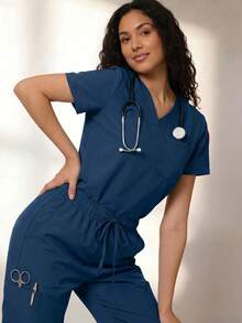 Women's V-Neck Multi-Pocket Scrubs Nurse Scrub, Workwear For Dentist, Healthcare, Pet Hospital, Laboratory Fall - Navy Blue - View 3