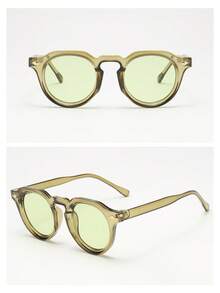 1pc Unisex Retro Round Small Frame Minimalist Fashion Glasses, Suitable For Travel, Holidays, Beach And Daily Wear - Green Frame Green Film - View 4