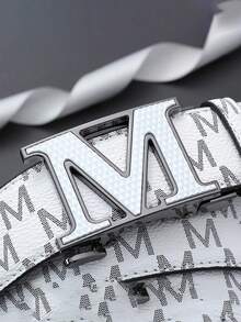 Men Monogram M Letter Automatic Buckle PU Leather Belt, Business Casual Waist Strap For Jeans Pants - Multicolor - View 4