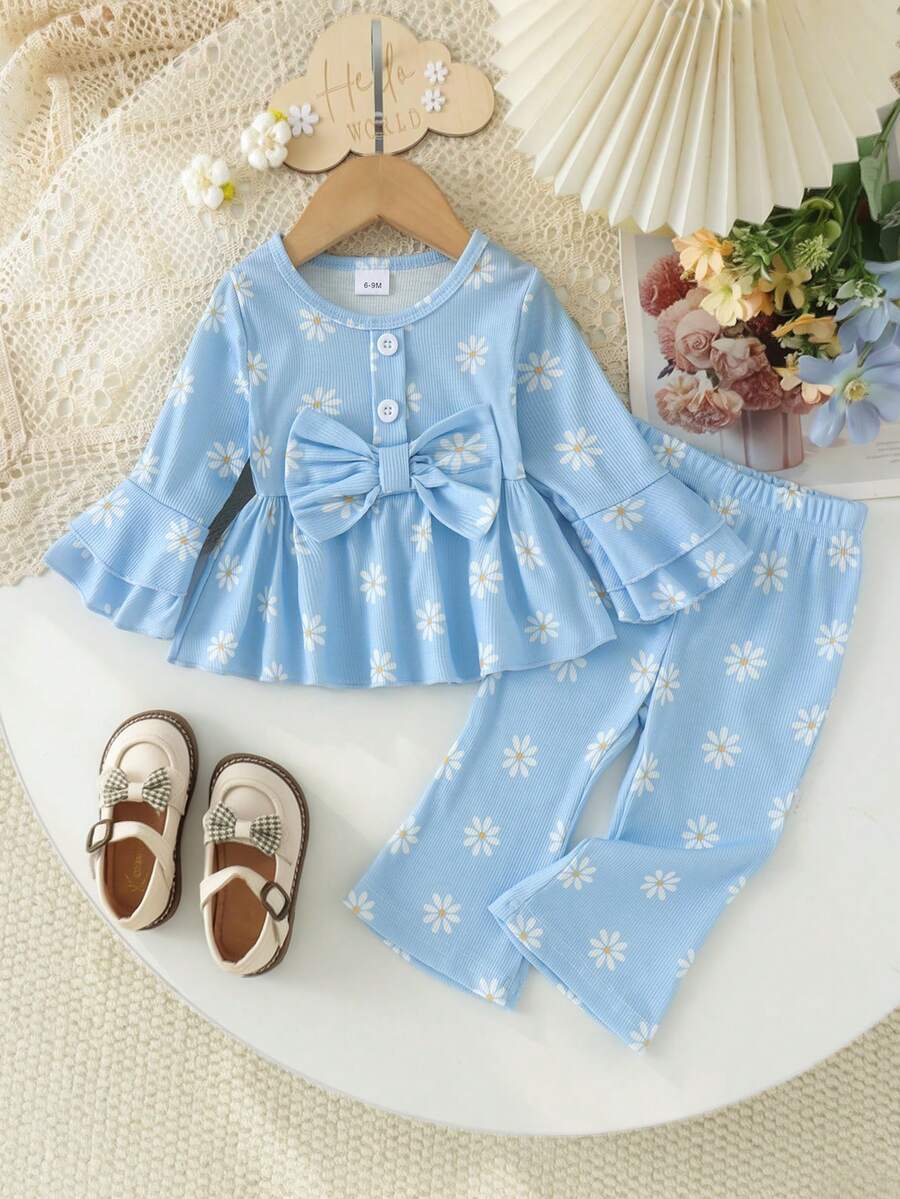2pcs Baby Girl Fresh Daisy Print Bow Flare Long Sleeve Top And Pants Set, Thin Mori Style - Baby Blue - View 1