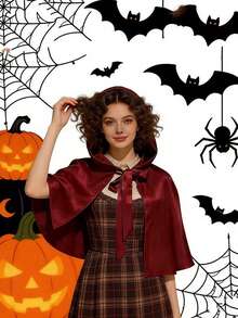 1pc Halloween Party Cape, Short Hooded Solid Color Poncho Style Short Cloak, Christmas Short Hooded Princess Cape, Cosplay - Burgundy - View 4