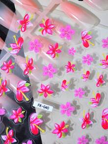 1pc Embossed Thin Flexible Hand-Painted Pink Floral Nail Stickers, Spring Theme, Shiny Glossy Effect, Asymmetrical Shape, Fresh Style, INS, Suitable For Women's Manicure, Foot Care, Holiday Decoration - Multicolor - View 3