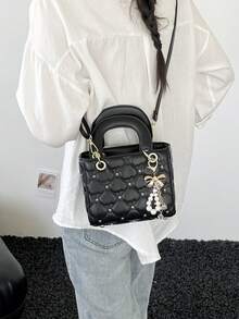 Women's Embroidered Handbag, Fashionable Shoulder & Crossbody Bag, Suitable For Shopping And Commuting (Free Pendant Included) - Black - View 10