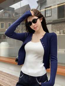 Early Autumn Hot Girl Knit Camisole Cardigan, Spring Women's Early Spring Inner Layer Outerwear, Korean Style Short Length - Blue and White - View 2