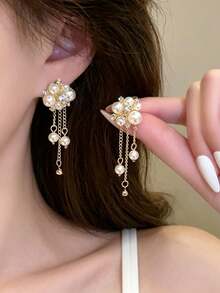 1 Pair French Style High-End Gold-Tone Rhinestone Flower & Pearl Long Tassel Earrings, Luxury Delicate Classic Fashion Earrings For Daily Wear - Earring - View 3