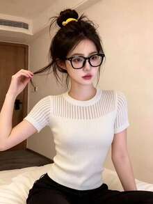 RUIWY 女款白色螺紋針織上衣，圓領短袖半透明鏤空網格細節夏季襯衫，優雅基本修身T恤 - 白色 - 查看 1