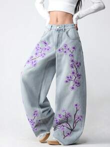 1pc American Street Style Women's Embroidered Loose Casual Wide Leg Jeans Long Pants Fashion All Season Fall - Mauve Purple - View 7