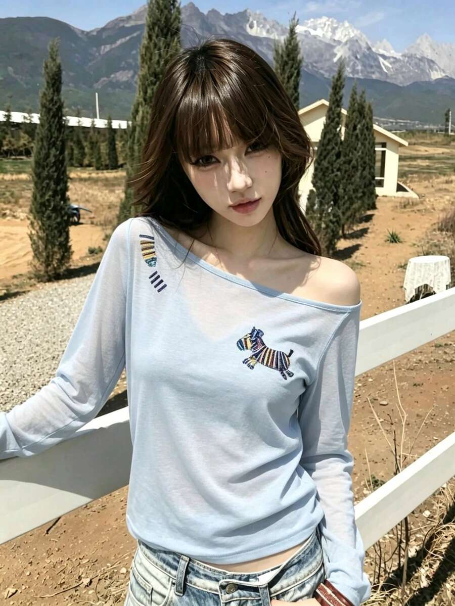 1件女款單肩網紗長袖T恤,斑馬紋圖案,薄款露肩上衣,適合夏季疊穿與秋季穿著 - 藍色 - 查看 1