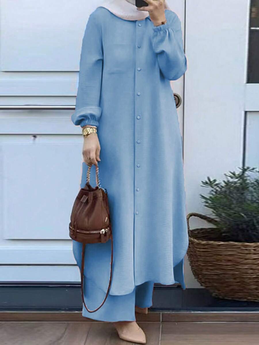 女款秋季優雅純色兩件套，鈕扣燈籠袖側開衩長外套與寬腿褲，可愛休閒四季穿搭