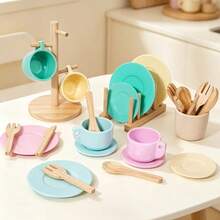 Children's Wooden Play Kitchen Utensils Set (27pcs) - Includes Plates, Bowls, Storage Rack And Realistic Food, Play Kitchen Accessories, Educational Gift For Children 3 Years And Above - Multicolor - View 5