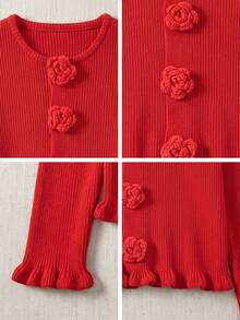 Romantic Pink Round Neck Knit Cardigan 3D Rose Fasteners Ruffle Edge Long Sleeve For Fall Holiday Brunch City Strolls - Red - View 11
