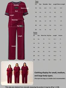 Plus Size Women's New Round Neck Short Sleeve T-Shirt And Elastic Waist Loose Pants 2-Piece Set Elegant Summer - Burgundy + Gray - View 10