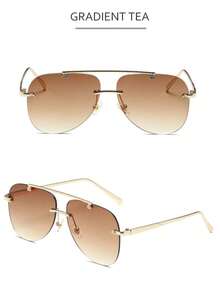 1 par de gafas de metal con doble puente, gafas de sapo, gafas de moda personalizadas sin montura, gafas versátiles elegantes y casuales para mujer, adecuadas para uso diario, fotografía callejera, viajes de vacaciones, accesorios de playa de verano, accesorios para mujer, atuendos de vuelta a la escuela - Té doble - Ver 9
