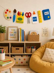 1pc-Back To School Art Garland Banner, Paint Palette Brush Crayon Scissors Glue Bottle Ruler Sketchbook Cutout Hanging Sign, Foldable Lightweight Wall Decor For Art Classroom Library Study Office First Day School Indoor Party Wall Decoration - J - View 3