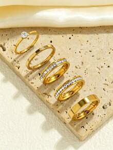 5pcs Elegant Stainless Steel Round & Square Single Row Zirconia Rings Set, Suitable For Daily Wear, Date, Party, Holiday, Gentle Accessories For Women - Gold - View 3