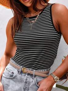 Striped Print Ribbed Knit Sleeveless Top - Black - View 2