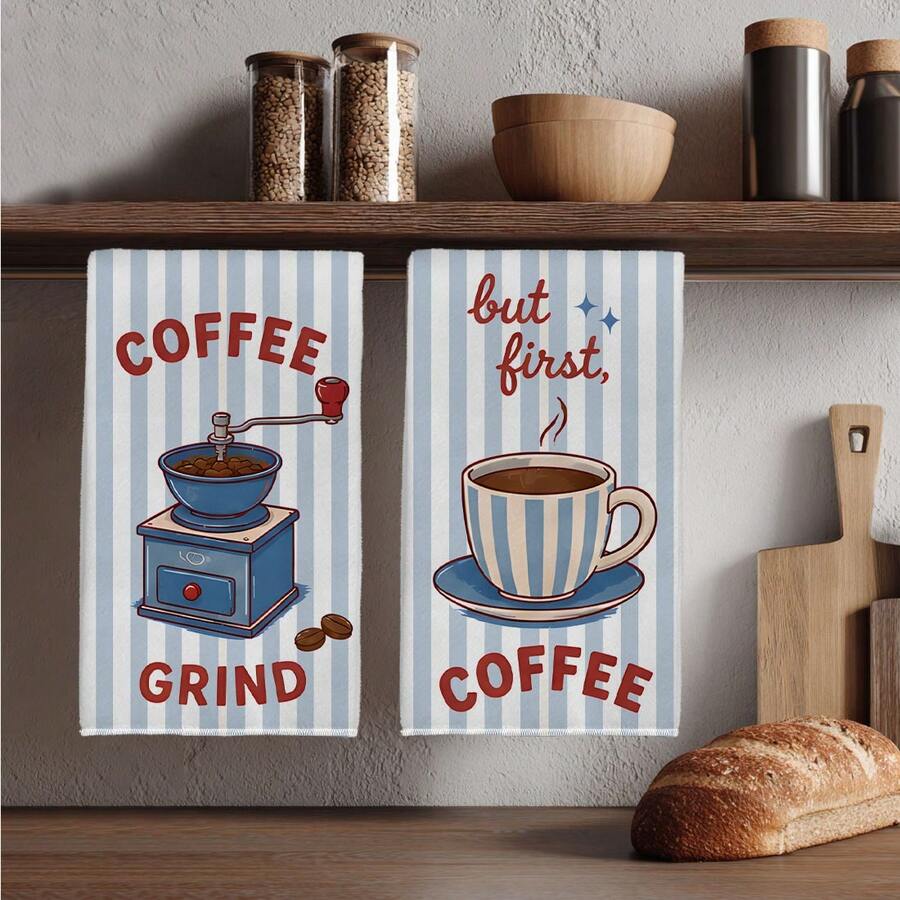 2PCS Blue Striped Coffee Healing Theme Printed Kitchen Towels, 40*60cm Rectangular Microfiber Dish Cloths, Tablecloths, Hand Towels, Kitchen Decor, Home Decor, Housewarming Gift For Neighbors, Perfect For Kitchen And Bathroom Use, Suitable For Housewives And Family Gatherings, High Cost-Performance, Home Essential - Royal Blue - View 1