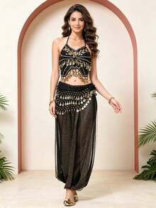 Belly Dance Embroidered Coin Fringe Halter Crop Top With Waist Scarf, Sequin Panel Chiffon Harem Pants For Arabian Themed Party & Stage Performance - Multicolor - View 12