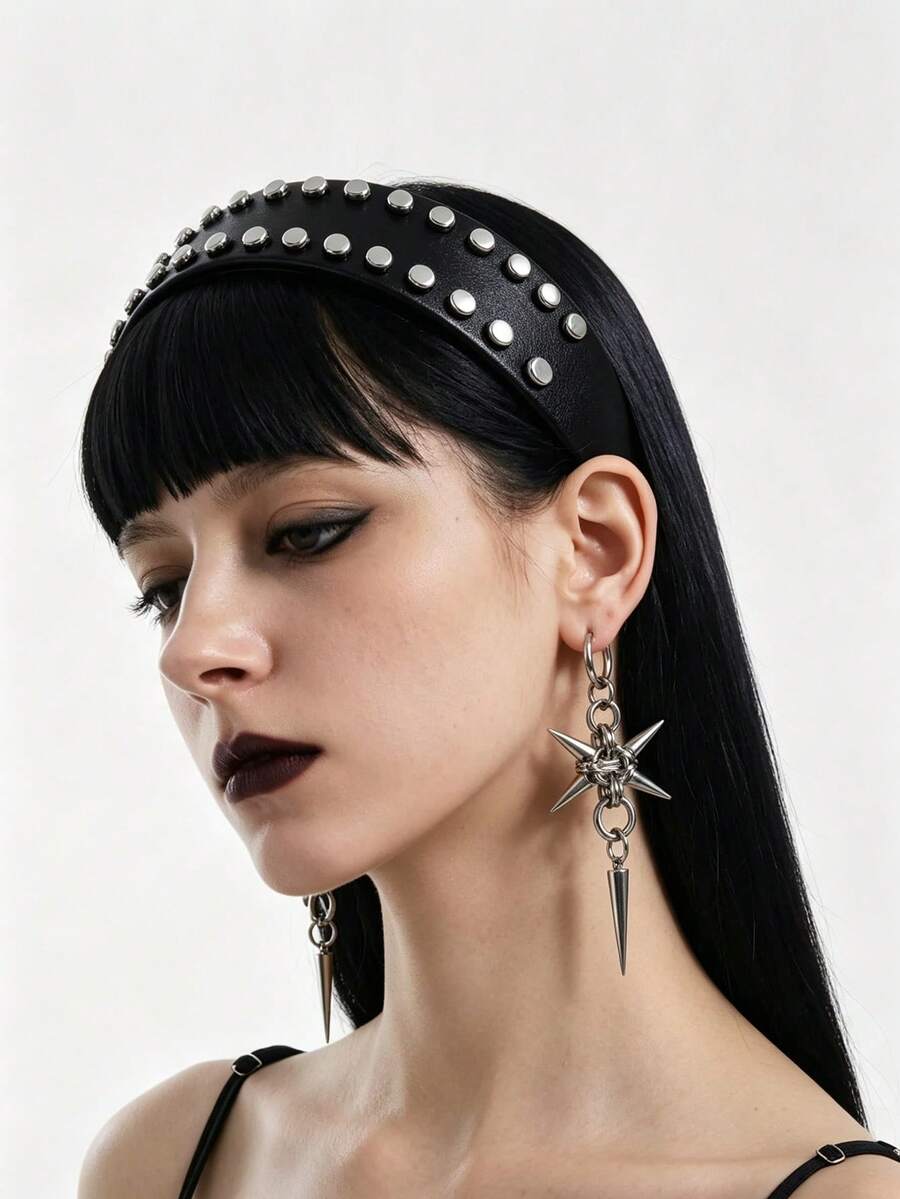 Ladies' Fashionable And High-End Large Rivet Leather Wide Edge High Skull Headband, Suitable For Daily Casual Wear, Versatile Hair Blocking - Black - View 1