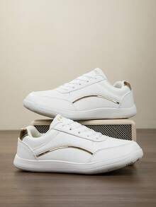 Women's Plus Size Wide Toe Box Athletic Shoes, Soft Sole Lightweight Casual Sneakers, Wide Palm Running Shoes, Shock-Absorbing Versatile Fashion Women's Shoes - White Gold - View 3