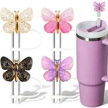 4pcs Glitter Butterfly Straw Caps, 10mm Silicone Straw Plugs, Reusable Dust-Proof Cup Accessories, Cute Christmas Gift For Girls, Holiday Party Favors - Multicolor - View 1