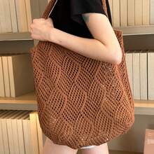 Large Capacity Hollow Knitted Tote Bag, Women's Lightweight Breathable Solid Color Woven Handbag, Suitable For Beach Travel Holiday Vacation Essentials - Brown - View 5