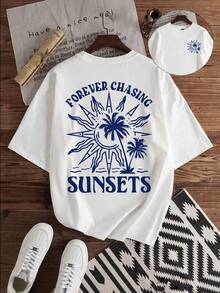 Fashionable Casual Vacation Style Coconut Tree & Letter Graphic Pattern Slim Fit Round Neck Short Sleeve T-Shirt For Men, Suitable Fo - 魏斯 - 查看 2
