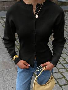 Plus Size Women's Button-Up Long Sleeve Cardigan, Winter Casual Business Jacket, Suitable For Outdoor Wear, Black - Black - View 6