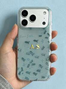 [Customized] Personalized Customized Letters Golden Custom Name Shell Small Fish Pattern Phone Case Compatible With IPhone 17 Pro Max 17 16 15 14 13 12 Pro Max 14 15 16 Plus Shockproof Protective Cover - Blue - View 4